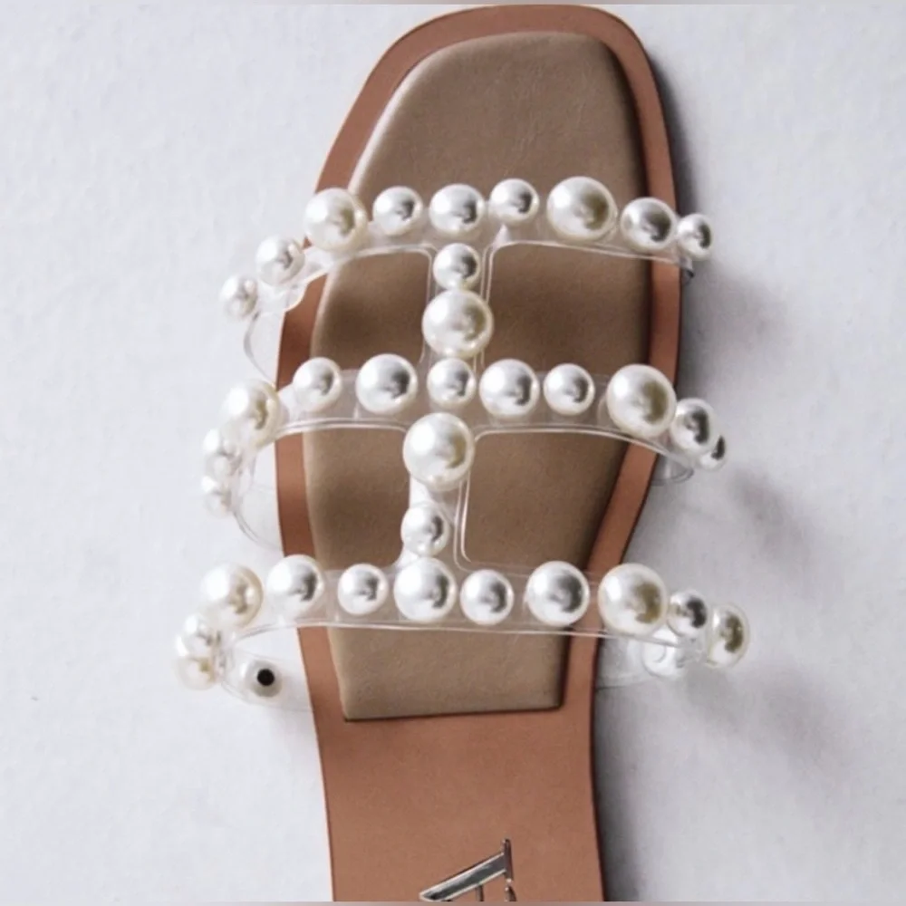 Zara Tan Pearl Embellished Sandals, Size 37(7) - Picture 5 of 10